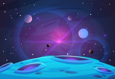 Poster  Fond de l'espace et de la planète. Les planètes font surface avec des cratères, des étoiles et des comètes dans un espace sombre. Illustration vectorielle Space sky avec planète et satellite