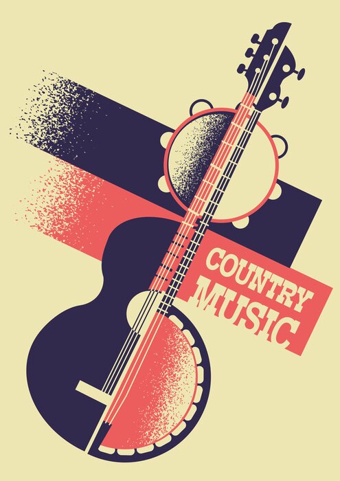 Poster  Fond de musique country avec instruments de musique et texte de décoration. Affiche rétro de vecteur