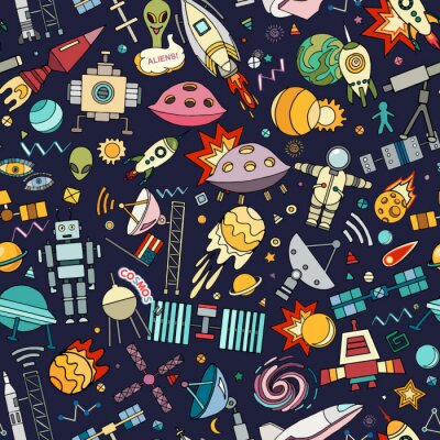 Fond de vecteur Cosmos. Arrière-plan transparent de dessin animé. Modèle sans couture avec des fusées spatiales de bande dessinée, cosmonaute, planètes, étoiles.