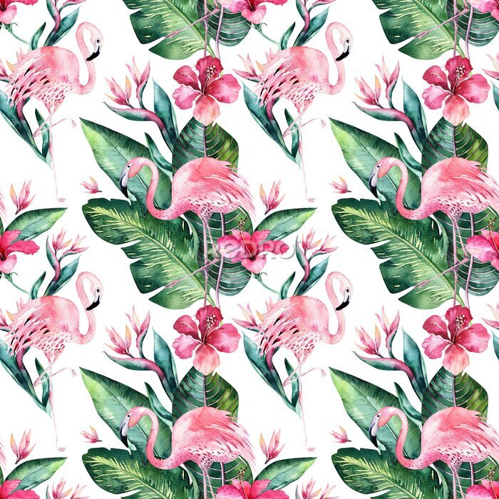 Poster  Fond tropical tropical floral sans couture avec des feuilles de palmier tropical, oiseau flamant rose, hibiscus exotique. Parfait pour les papiers peints de la jungle, le design textile de mode, l'imp