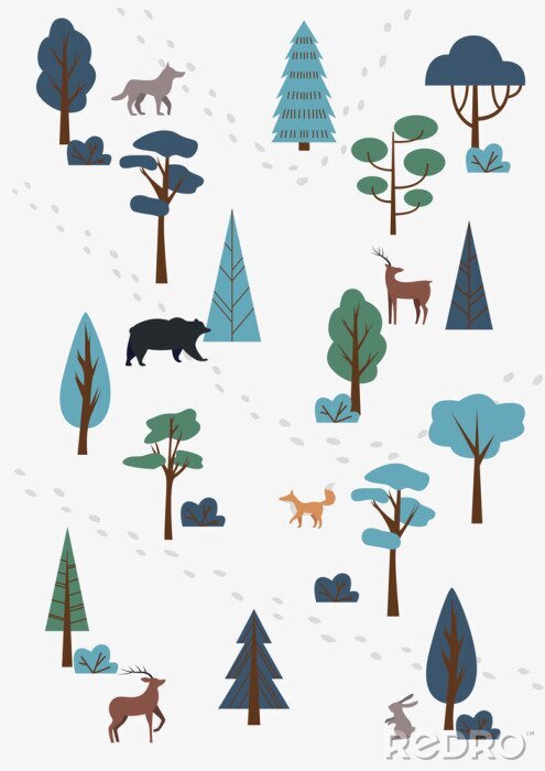 Poster  Forêt avec graphismes animaux aux couleurs tamisées