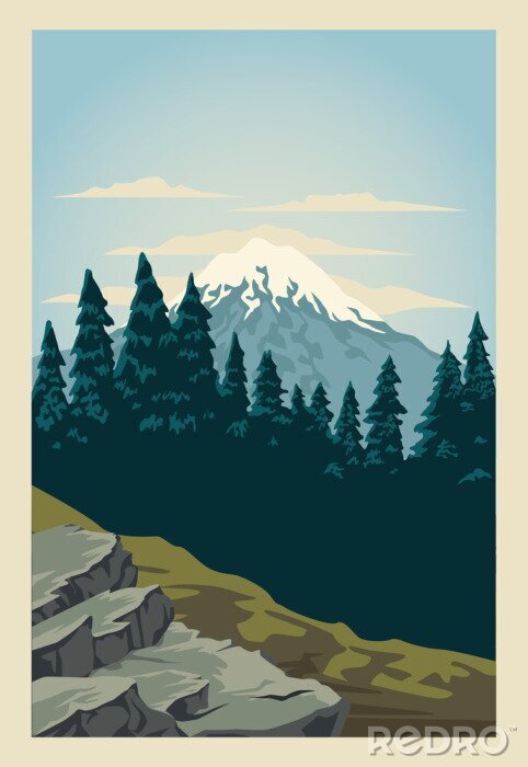 Poster  Forêt d'arbres conifères sur fond de montagne