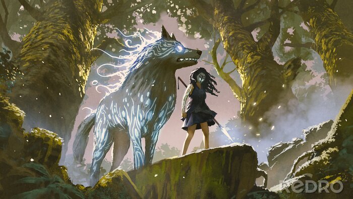 Poster  Forêt fantastique et une fille avec un loup