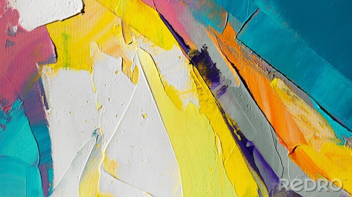 Poster  Fragment. Peinture de texture multicolore. Fond d'art abstrait. huile sur toile. Coups de pinceau bruts de peinture. Gros plan d'une peinture à l'huile et au couteau. Détails texturés et de haute qual