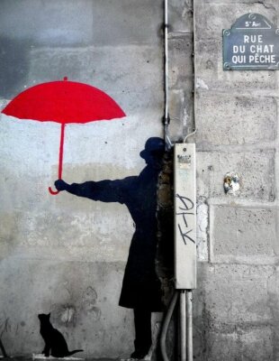 Poster  Fresque représentant un homme et un chat sous un parapluie rouge