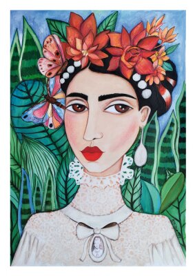 Poster  Frida Kahlo avec une couronne de style bohème