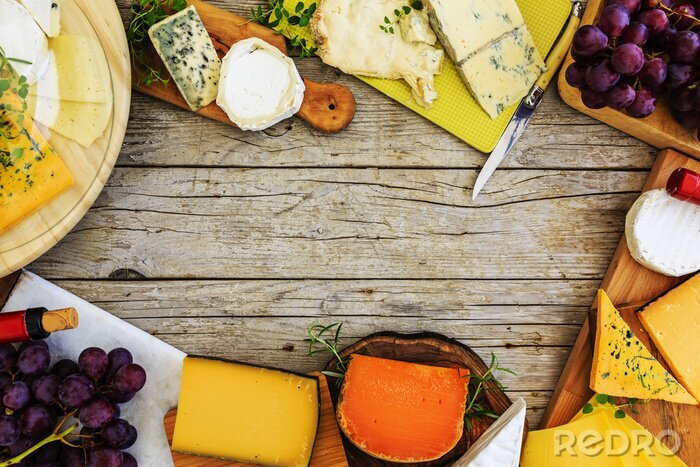 Poster  Fromage, différent, types, fromage, bois, fond