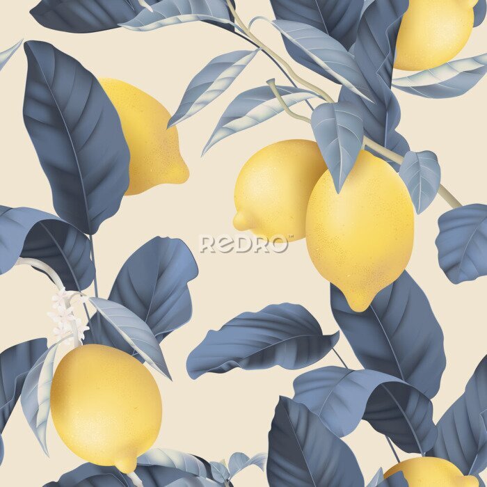 Poster  Fruit seamless pattern, pastel lemons and blue leaves on bright brown
