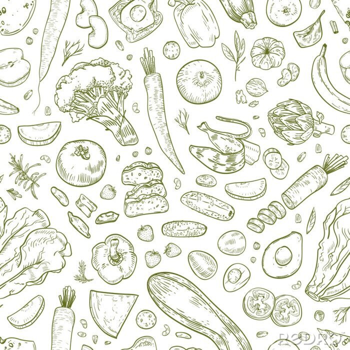 Poster  Fruits et légumes dessinés en vert