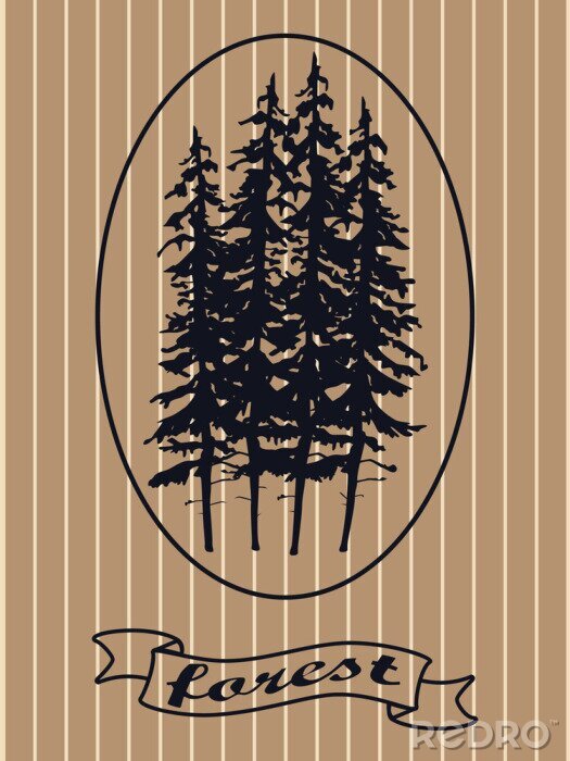 Poster  Gabarit de conception de la forêt de pins. Croquis, vecteur, Illustration