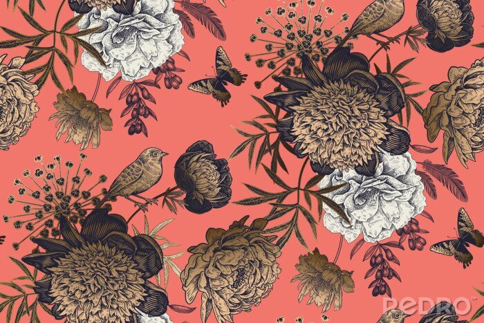Poster  Garden flowers peonies on a coral background. Luxury seamless pattern.