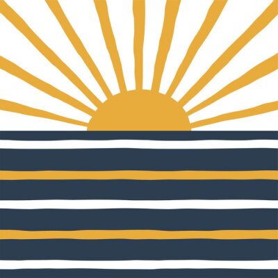 Poster  Geometric sunrise and sea simple illustration. Stripy navy blue and yellow solar print in vector. Simple abstract landscape background.