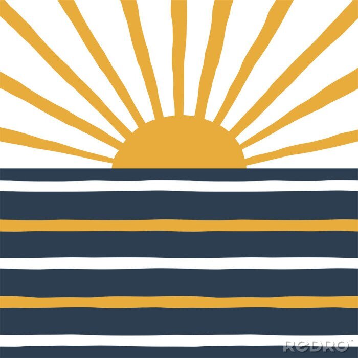 Poster  Geometric sunrise and sea simple illustration. Stripy navy blue and yellow solar print in vector. Simple abstract landscape background.