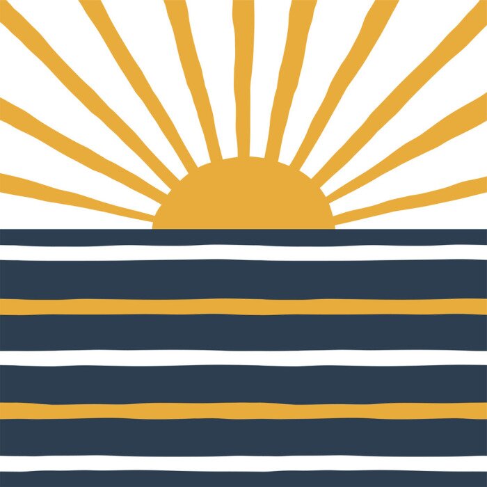 Poster  Geometric sunrise and sea simple illustration. Stripy navy blue and yellow solar print in vector. Simple abstract landscape background.