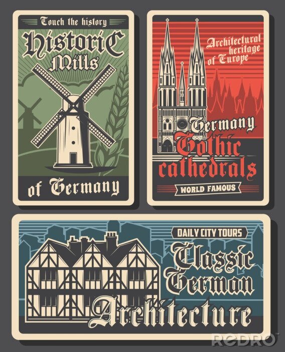 Poster  Germany travel retro posters, German landmarks and Berlin city buildings, culture and tourism, vector. German Gothic architecture, castles, cathedrals and historic mills, Europe travel destinations