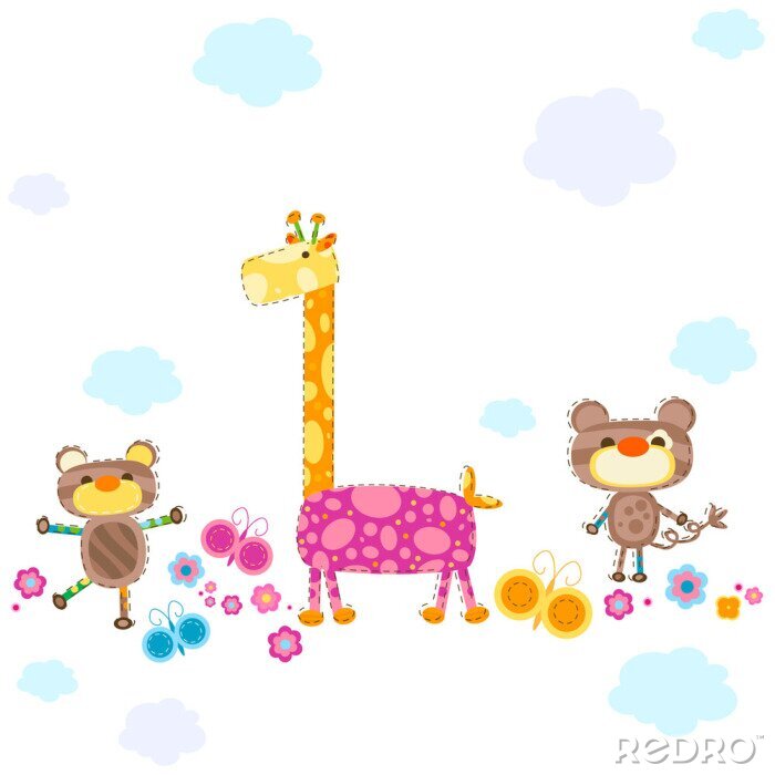 Poster  Girafe et singes illustration pour enfants multicolores