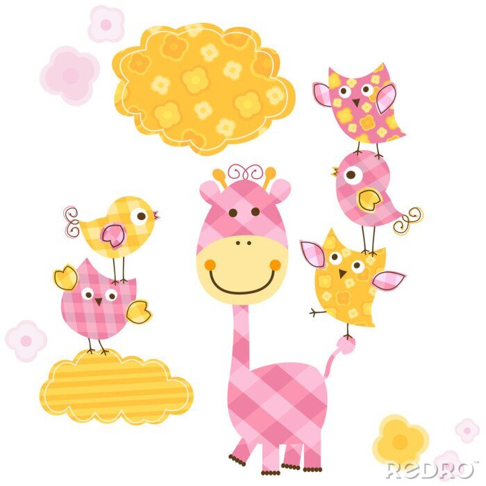 Poster  Girafe rose avec des oiseaux sur la queue