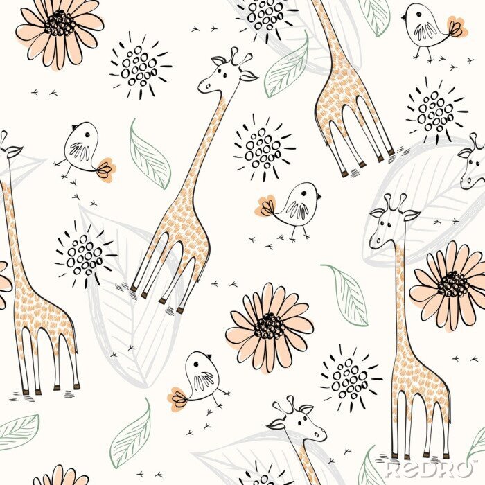 Poster  Girafes peintes, oiseaux et feuilles