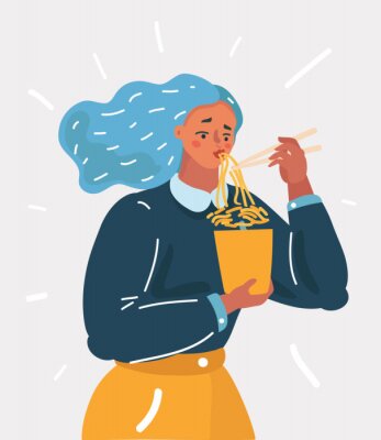 Poster  Girl enjoying her ramen noodle with chopstick.