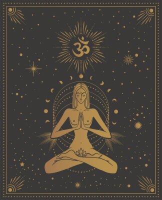 Poster  girl in lotus pose with the omm sign, with chakras among the stars, tarot cards, sacred, calm