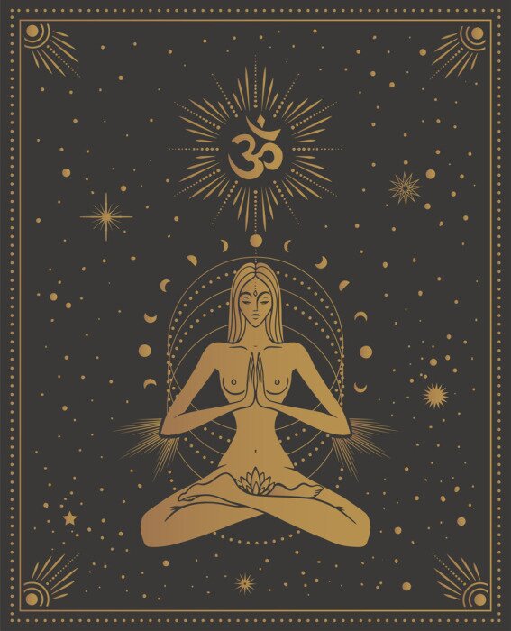 Poster  Girl in lotus pose with the omm sign, with chakras among the stars, tarot cards, sacred, calm