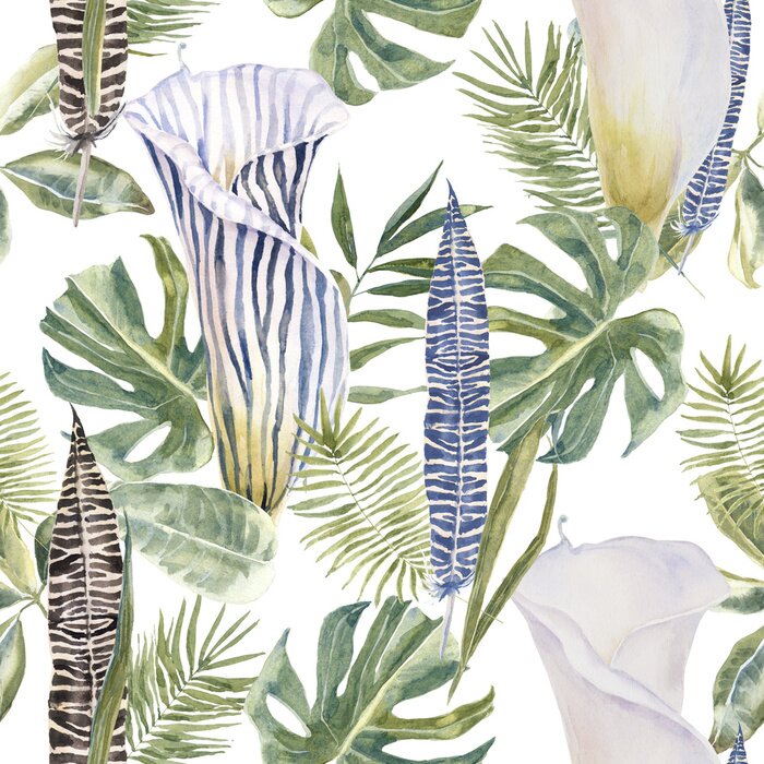 Poster  Gobelets nature colorée de fleurs sur monstera