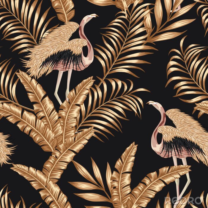Poster  Golden bird flamingo gpld leaves seamless black background