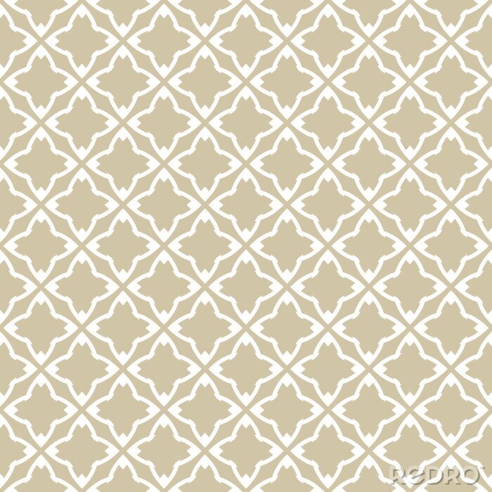 Poster  Golden vector geometric seamless pattern in oriental style. White and gold ornamental texture. Abstract background with diamond shapes, stars, flower silhouettes, grid, repeat tiles. Luxury design