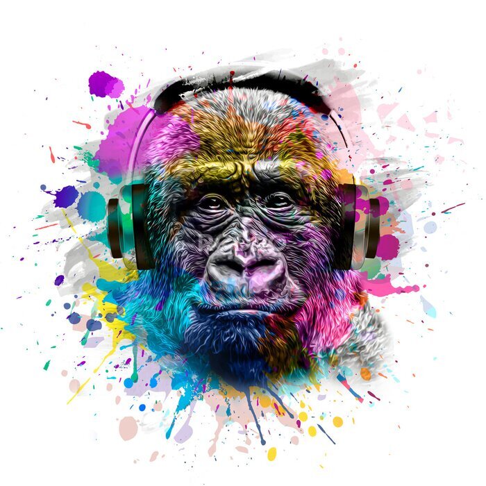 Poster  gorilla monkey head with eyeglasses and headphones with creative colorful abstract elements on dark background