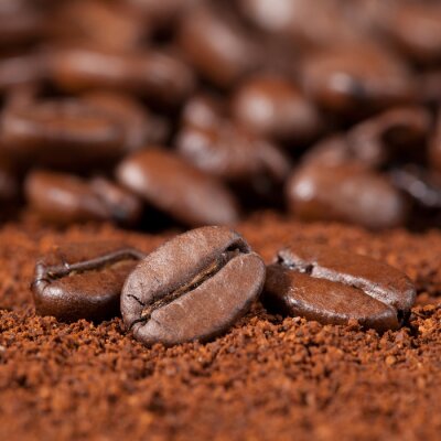 Grain de café sur café moulu