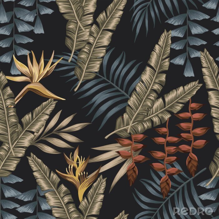 Poster  Grandes feuilles tropicales sur fond noir