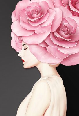 Poster  Grandes roses décorant la tête d'une femme
