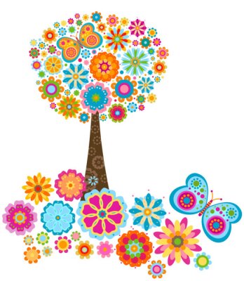 Graphique arbre multicolore composé de fleurs