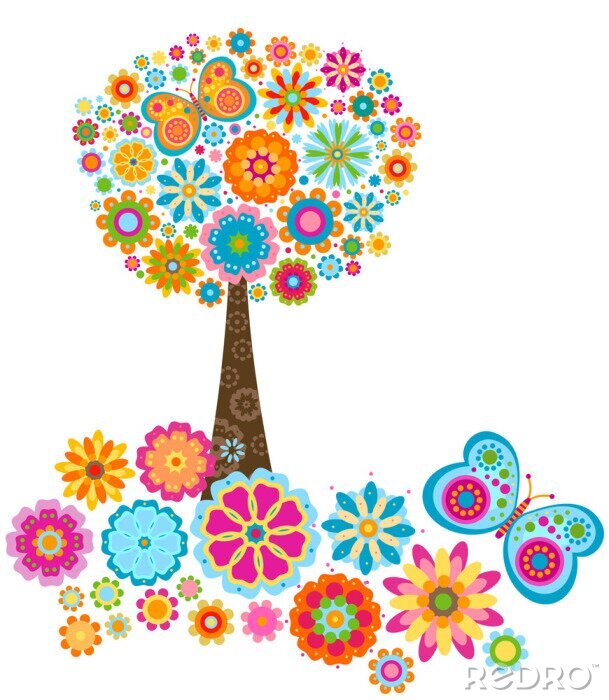 Poster  Graphique arbre multicolore composé de fleurs