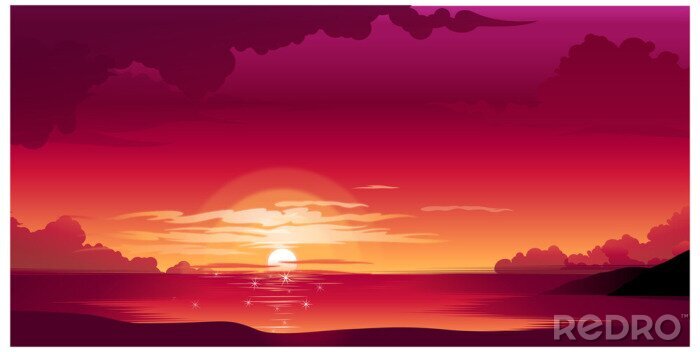 Poster  Graphique avec mer et soleil couchant