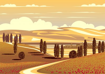 Poster  Graphique avec prairies et collines de Toscane