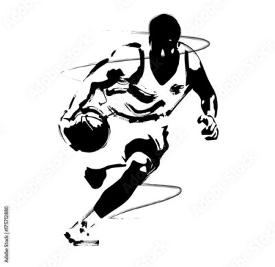 Poster  Graphique en noir et blanc d'un joueur de basketball en mouvement