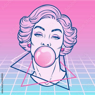 Poster  Graphique pop art d'une femme avec un chewing-gum