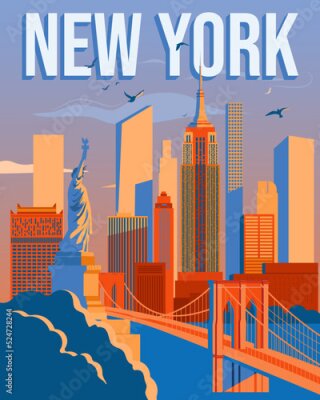 Poster  Graphique représentant une vue de New York et de la Statue de la Liberté