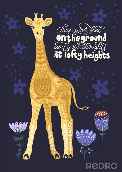 Poster  Graphiques avec une girafe et des fleurs