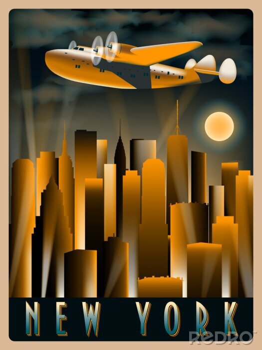 Poster  Graphiques d'un avion au-dessus de la ville de New York