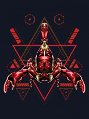 Poster  Graphiques d'un scorpion rouge sur fond de triangles
