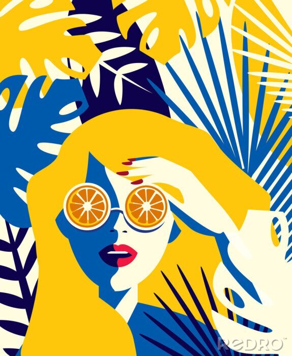 Poster  Graphiques en couleur avec une femme à lunettes orange