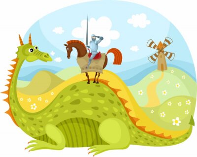 Graphiques humoristiques colorés de chevalier et de dragon