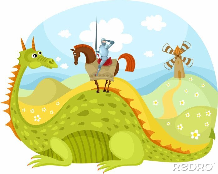 Poster  Graphiques humoristiques colorés de chevalier et de dragon