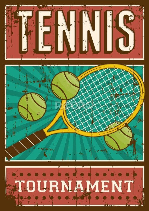Poster  Graphisme rétro d'une raquette de tennis, d'une balle et d'une inscription