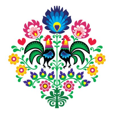 Poster  Graphismes de style folklorique avec des coqs et des fleurs