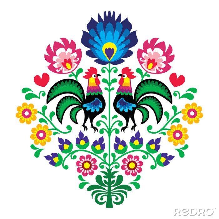 Poster  Graphismes de style folklorique avec des coqs et des fleurs