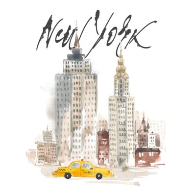Poster  Gratte-ciel new-yorkais à l'aquarelle avec un taxi jaune
