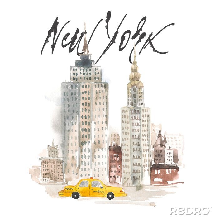 Poster  Gratte-ciel new-yorkais à l'aquarelle avec un taxi jaune